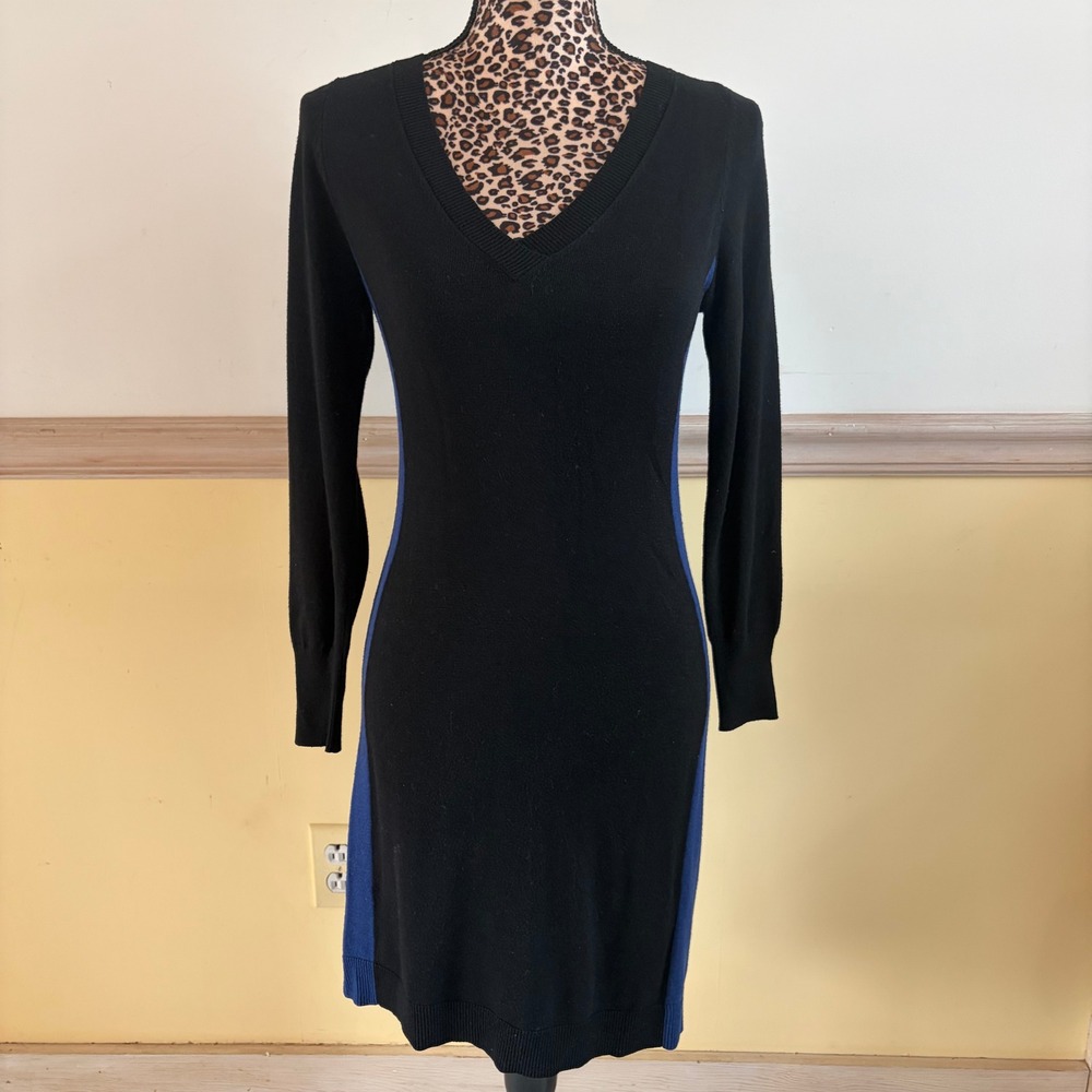 Ann Taylor Petite Black Blue Colorblock V-Neck Long Sleeve Sweater Dress SP